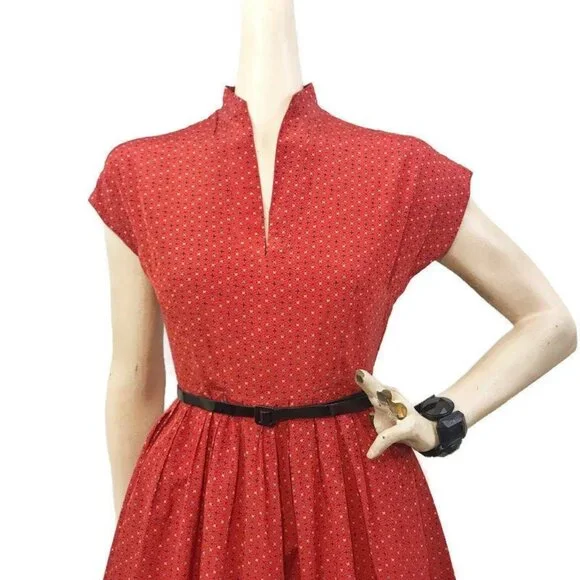 Vintage Dress 1950s 50s Starburst Print Rayon Full Skirt Orange Rockabilly - Picture 2 of 7